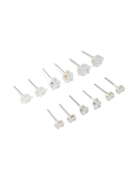 Elegant set of cubic zirconia stud earrings in silver, 6-pack front view - link has visual effect only