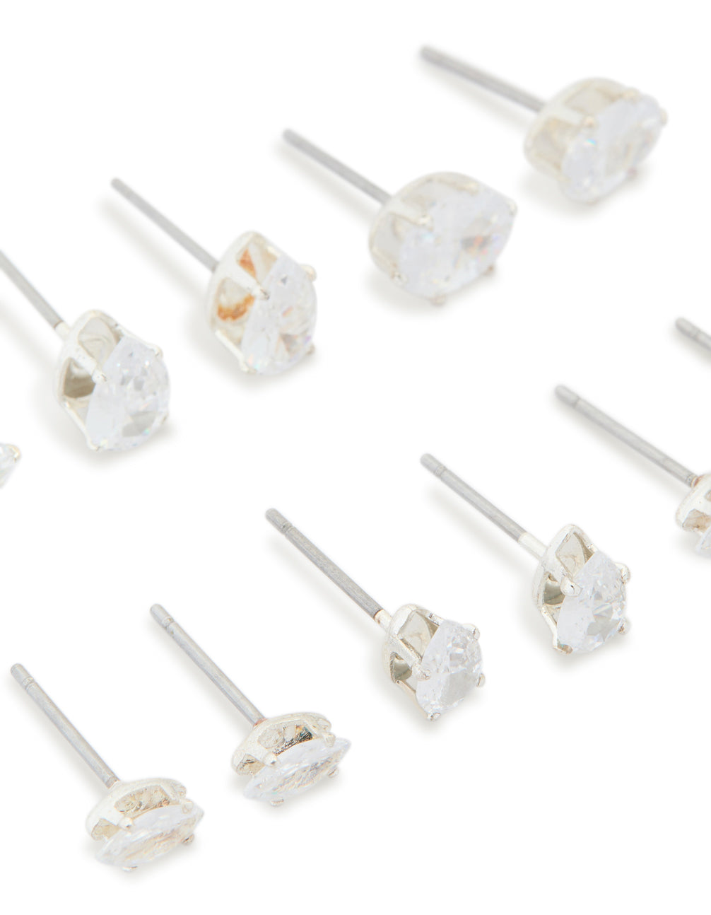 Beautifully crafted cubic zirconia stud earrings in silver, showcasing a 6-pack close up view