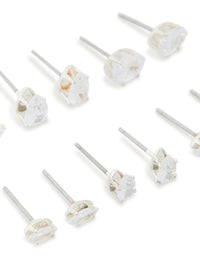 Beautifully crafted cubic zirconia stud earrings in silver, showcasing a 6-pack close up view - link has visual effect only