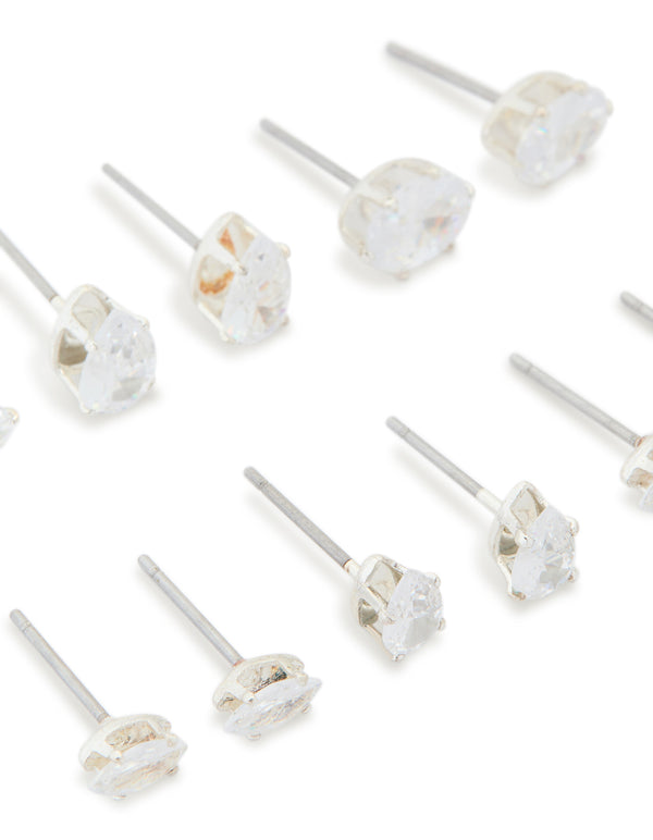 Beautifully crafted cubic zirconia stud earrings in silver, showcasing a 6-pack close up view