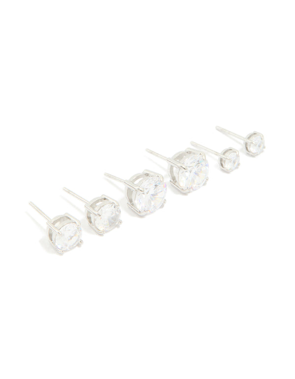 Silver Cubic Zirconia Multi-Sized Stud Earrings 3-Pack