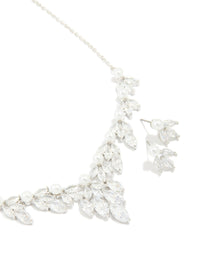 Silver Pearl Cubic Zirconia Flower Earrings & Necklace Set - link has visual effect only
