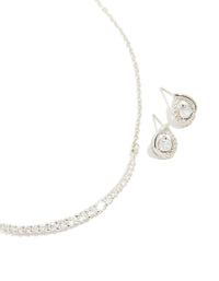 Silver Cubic Zirconia Pear Knot Earrings & Tennis Necklace Set - link has visual effect only