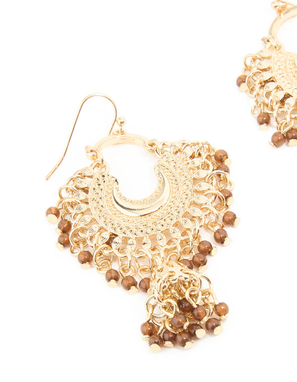 Gold Brown Beaded Mini Fan Drop Earrings
