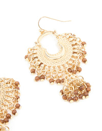 Gold Brown Beaded Mini Fan Drop Earrings - link has visual effect only