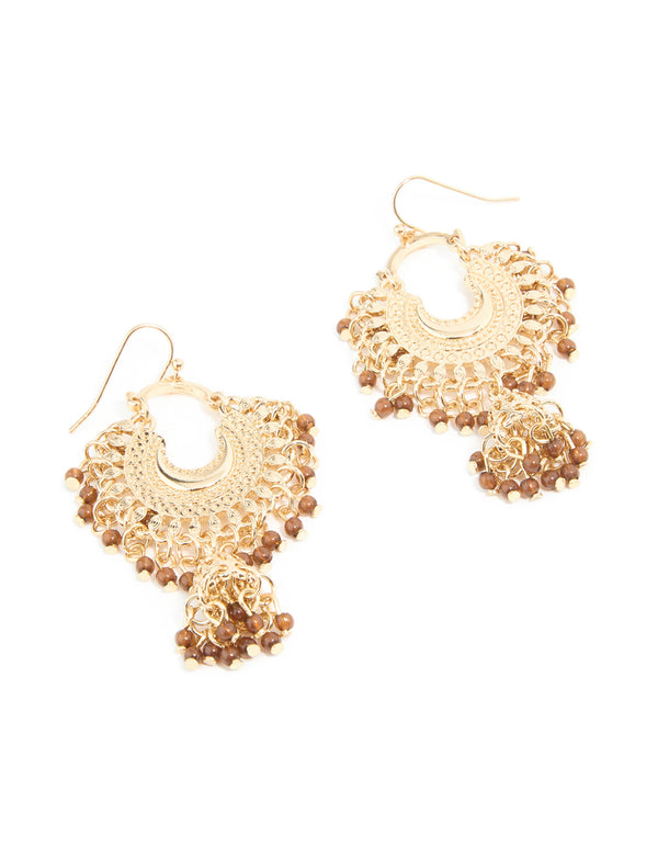 Gold Brown Beaded Mini Fan Drop Earrings