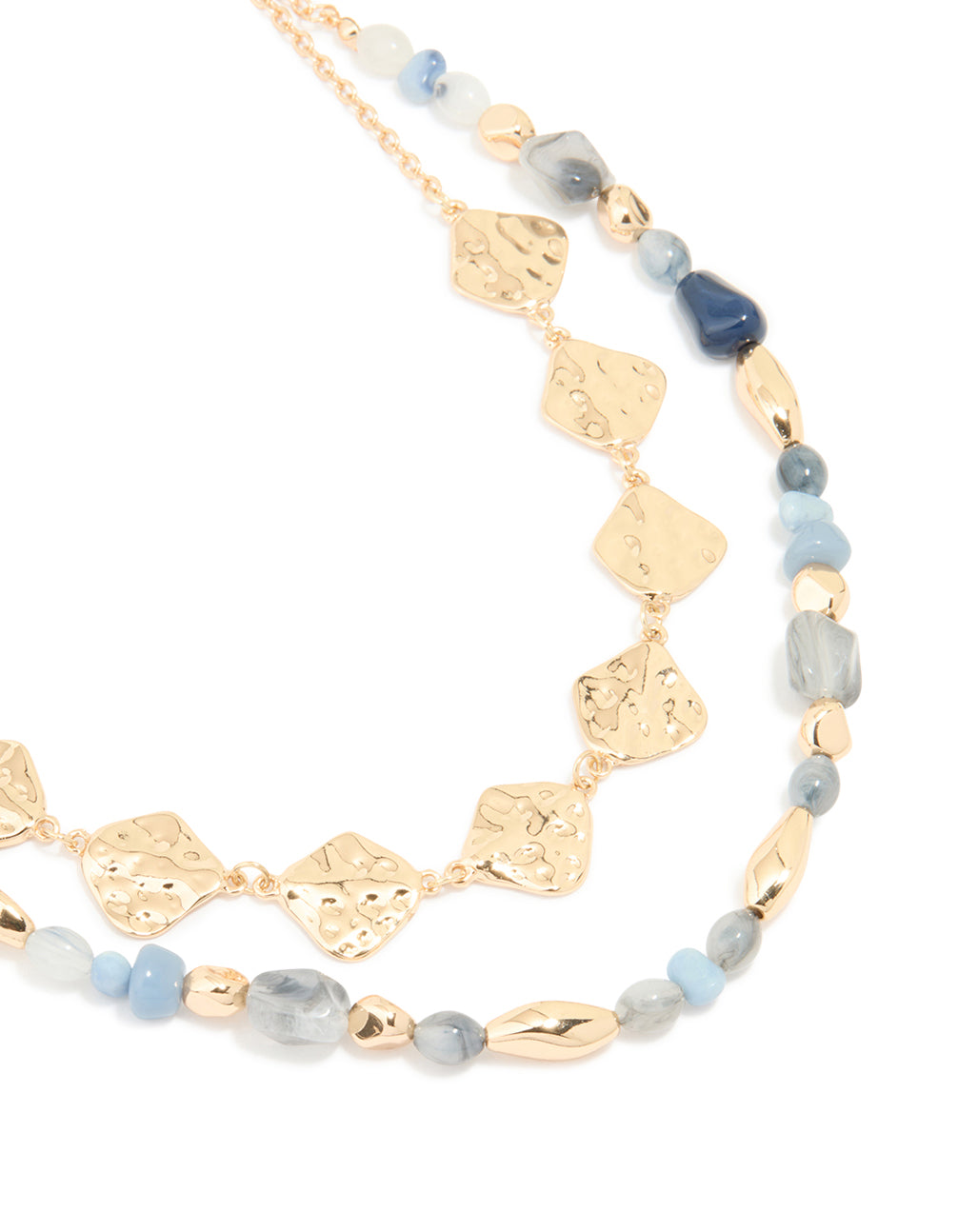 Gold Blue Beaded & Organic Pendants Layered Necklace