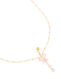 Gold Plated Surgical Steel Pink Cubic Zirconia Butterfly Belly Bar & Chain - link has visual effect only