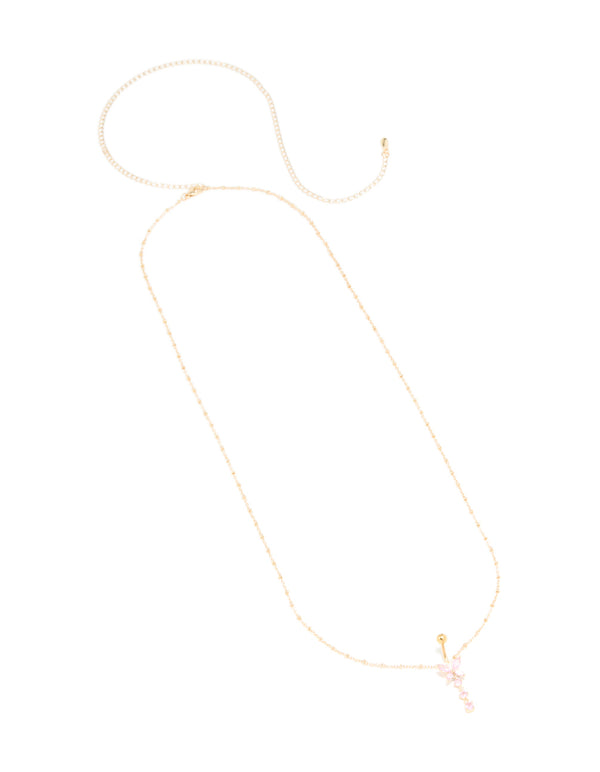 Gold Plated Surgical Steel Pink Cubic Zirconia Butterfly Belly Bar & Chain