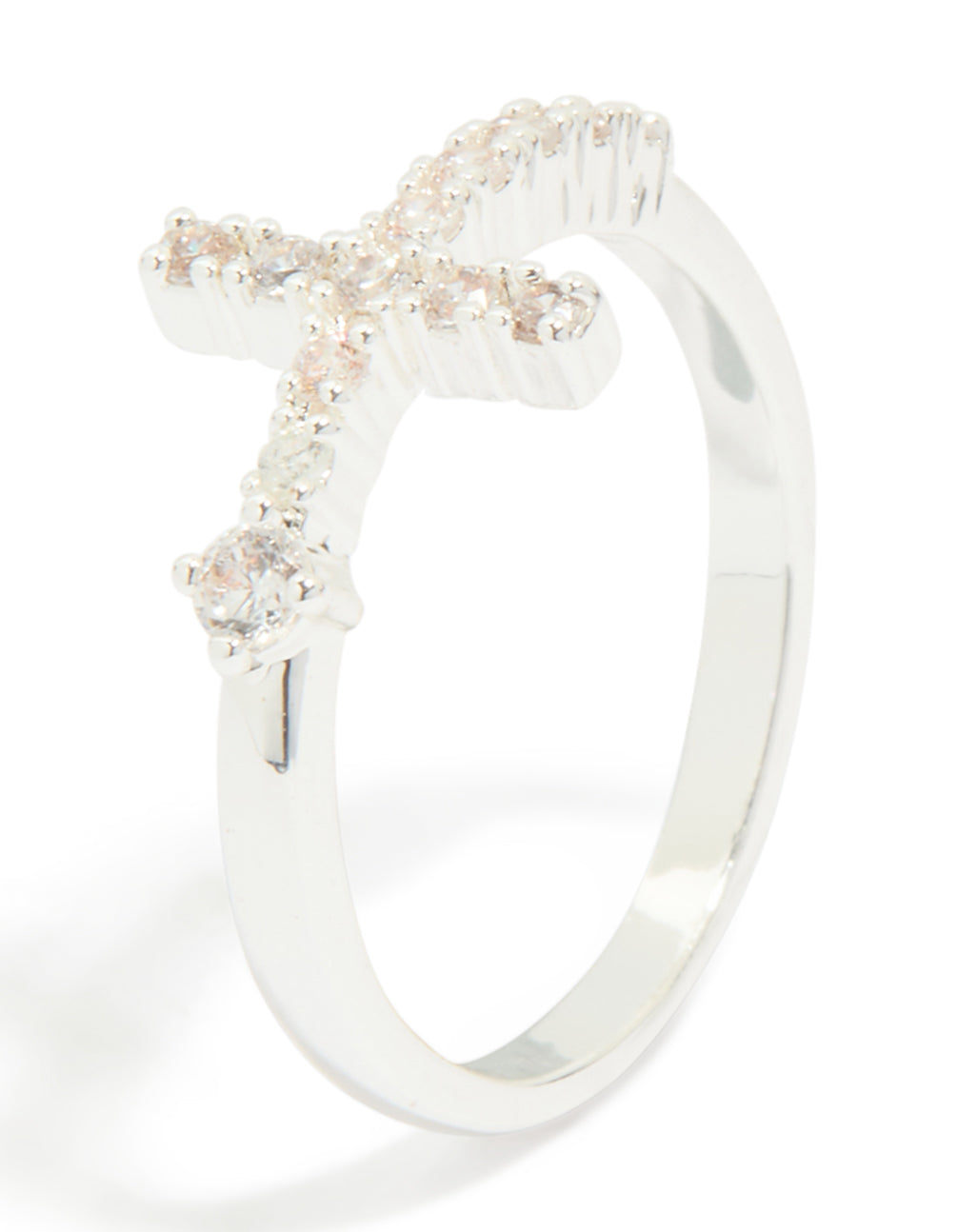 Silver Plated Cubic Zirconia Simple Side Cross Ring