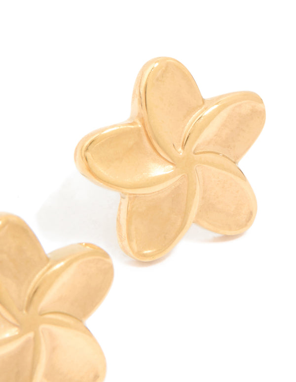 Waterproof Gold Plated Stainless Steel Smooth Flower Stud Earrings