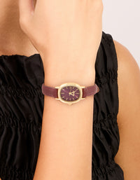 Gold Burgundy PU Leather Oval Watch - link has visual effect only