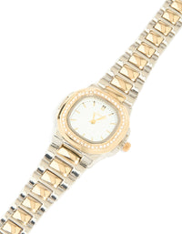 Silver & Gold Diamante Pilot Watch - link has visual effect only