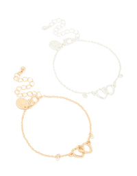 Mixed Metals Open Linked Hearts Cubic Zirconia Bracelets 2-Pack - link has visual effect only