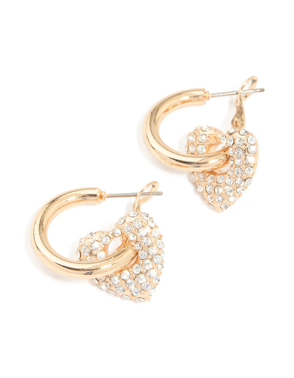 Gold Diamante Pavé Heart Open Hoop Earrings