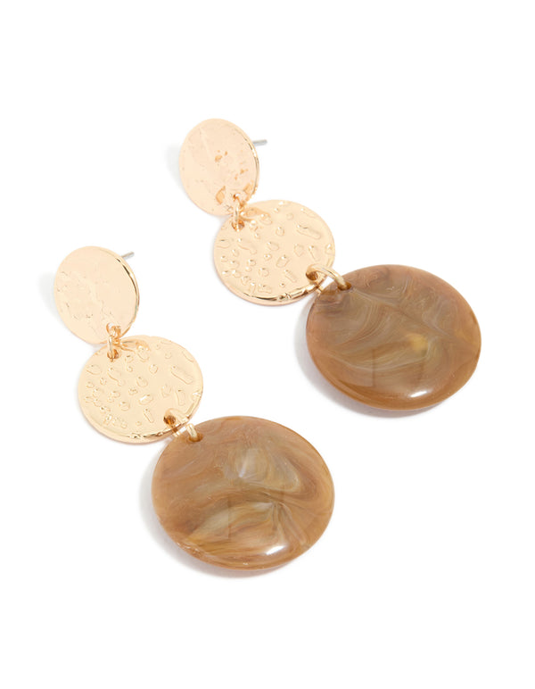 Gold Molten & Brown Stone Round Drop Earrings