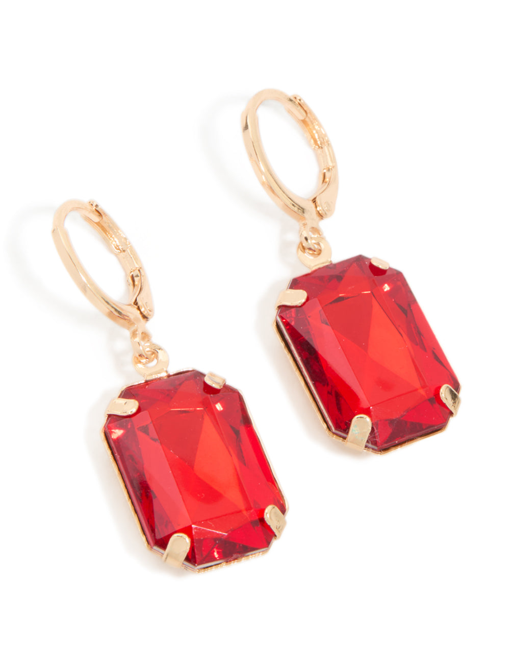 Gold Red Diamante Rectangle Drop Earrings