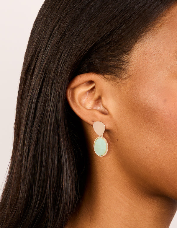 Gold Green Stone Brushed Drop Earrings