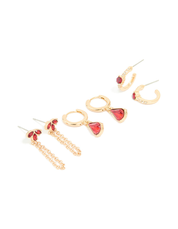 Gold Red Diamante Chain & Huggie Earrings 3-Pack