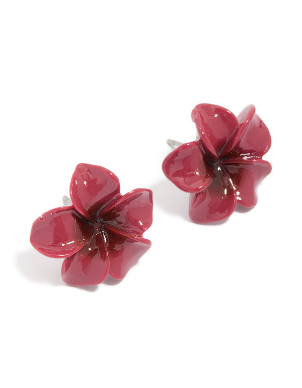 Burgundy Acrylic Frangipani Flower Stud Earrings