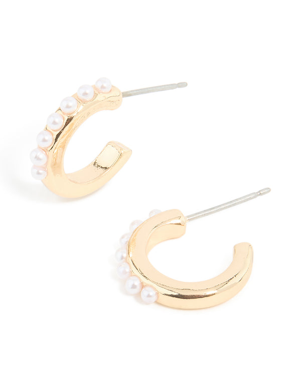 Gold Pearl Huggie Earrings