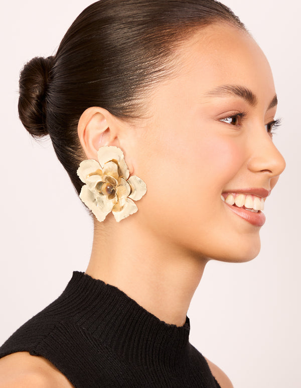 Worn Gold Tigers Eye Bead Statement Stud Earrings