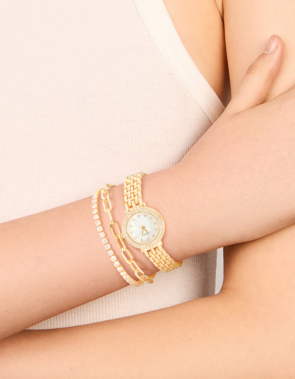Gold Diamante Watch & Bracelets Set