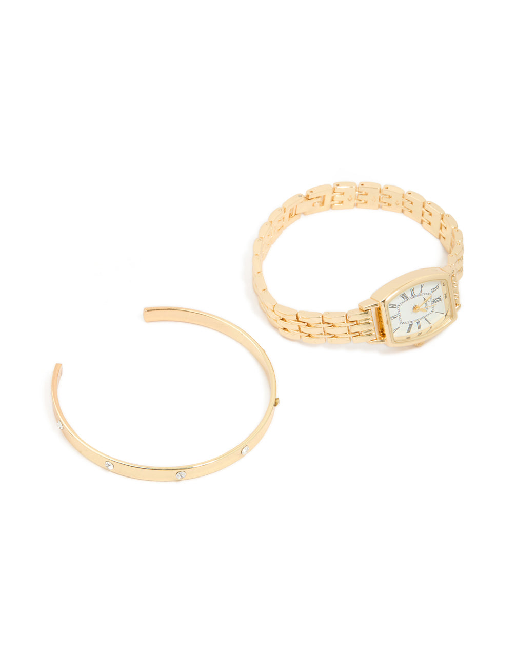 Discover a gold diamante roman numeral analog watch and wrist cuff set featuring white dial for women with link band for formal occasions in a statement style front view
