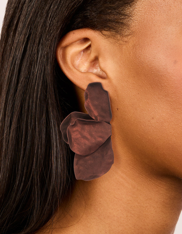 Brown Coated Metal Flower Petal Drop Earrings