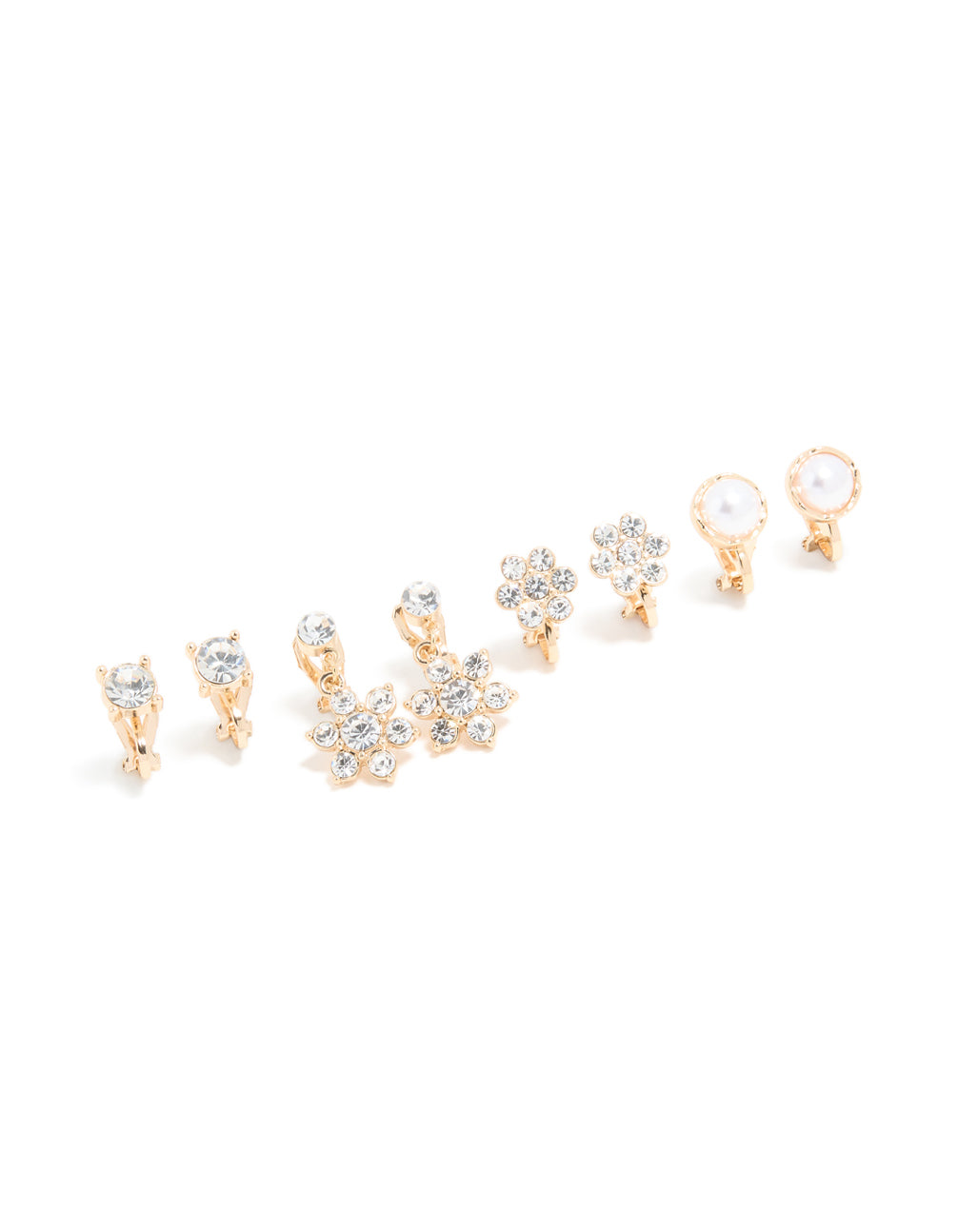 Gold Diamante & Pearl Flower Clip On Earrings 4-Pack