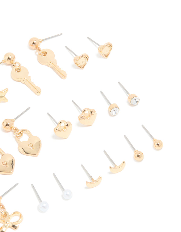 Gold Heart Locket & Star Earrings 12-Pack