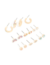 Gold Rainbow Diamante Stud & Hoop Earrings 8-Pack - link has visual effect only