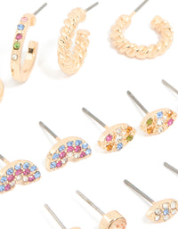 Gold Rainbow Diamante Stud & Hoop Earrings 8-Pack - link has visual effect only