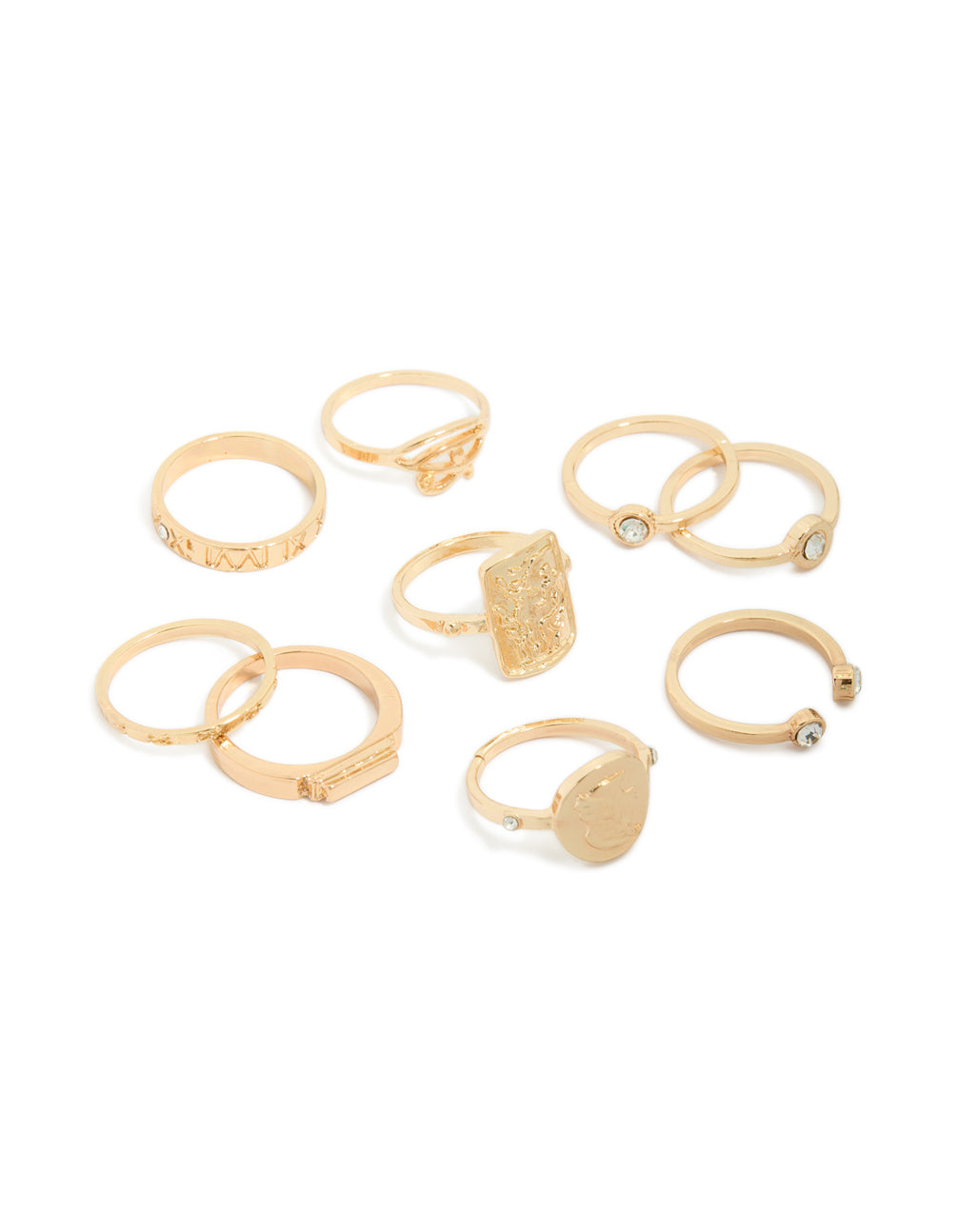 Beautifully crafted gold diamante Roman numeral rings 9-pack with disc features and dainty styling front view