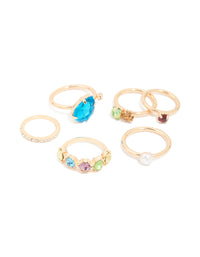 Gold Multicoloured Diamante & Pearl Rings 6-Pack - link has visual effect only