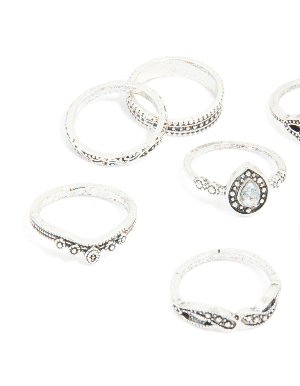 Antique Silver Diamante Signet Rings 8-Pack