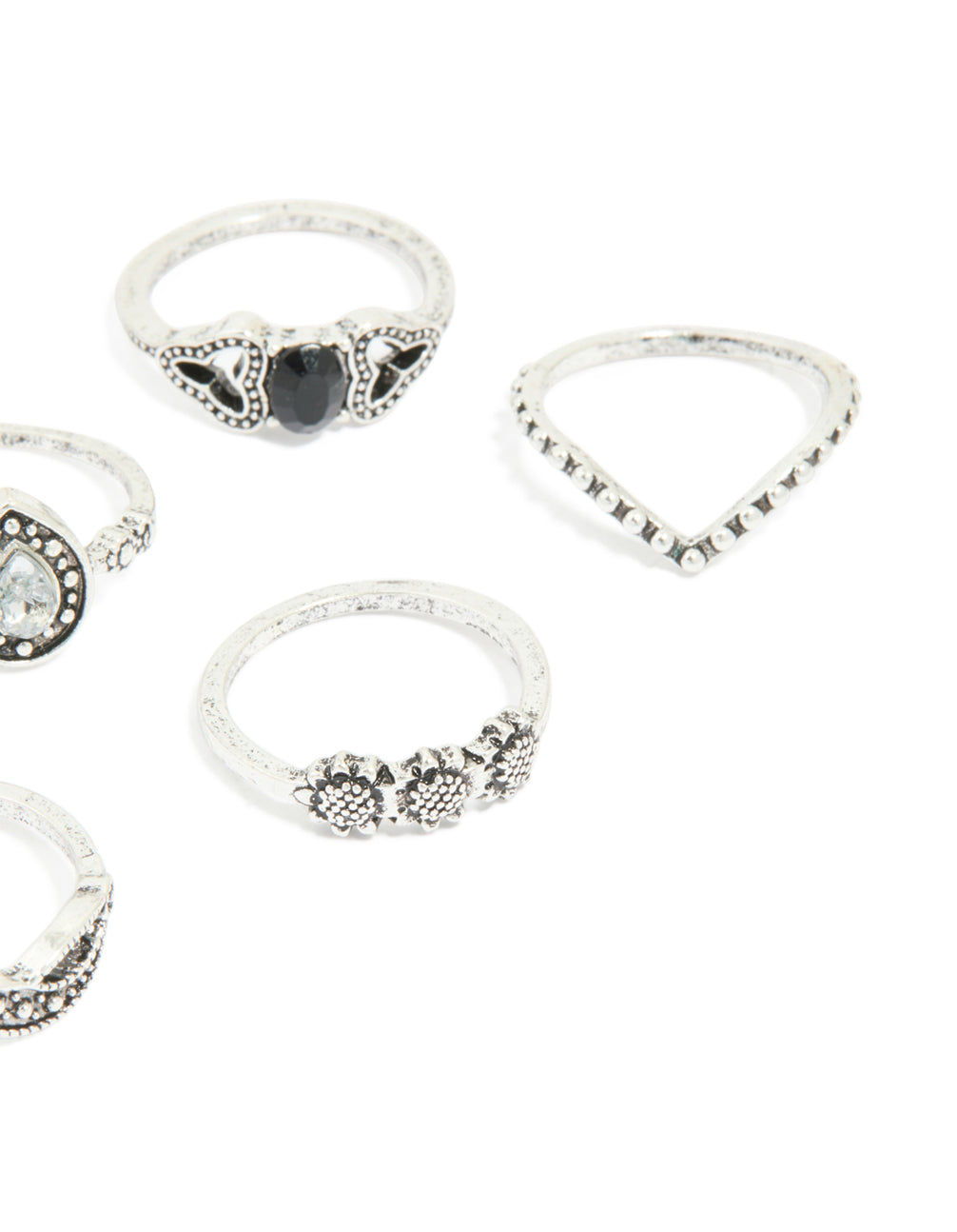 Antique Silver Diamante Signet Rings 8-Pack