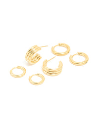 Waterproof Gold Plated Stainless Steel Thin Textured Earrings 3-Pack - link has visual effect only