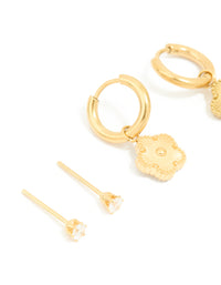 Waterproof Gold Plated Stainless Steel Flower Hoop & Cubic Zirconia Stud Earrings 3-Pack - link has visual effect only
