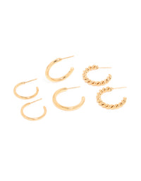 Waterproof Gold Plated Stainless Steel Smooth & Twisted Hoop Earrings 3-Pack - link has visual effect only