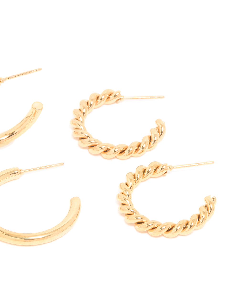 Waterproof Gold Plated Stainless Steel Smooth & Twisted Hoop Earrings 3-Pack