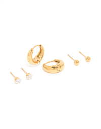 Waterproof Gold Plated Stainless Steel Hoop & Cubic Zirconia Stud Earrings 3-Pack - link has visual effect only