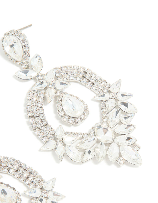 Silver Diamante Fancy Floral Drop Earrings