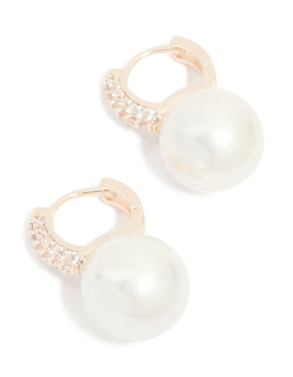 Rose Gold Plated Large Pearl & Cubic Zirconia Huggie Earrings