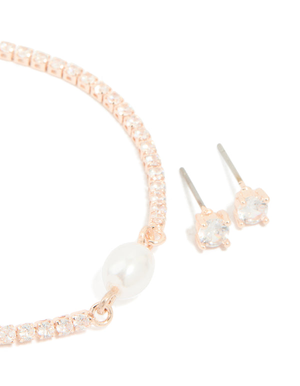 Rose Gold Plated Cubic Zirconia & Pearl Tennis Bracelet & Earrings Set