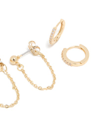Gold Plated Cubic Zirconia Stud & Chain Earrings 4-Pack - link has visual effect only