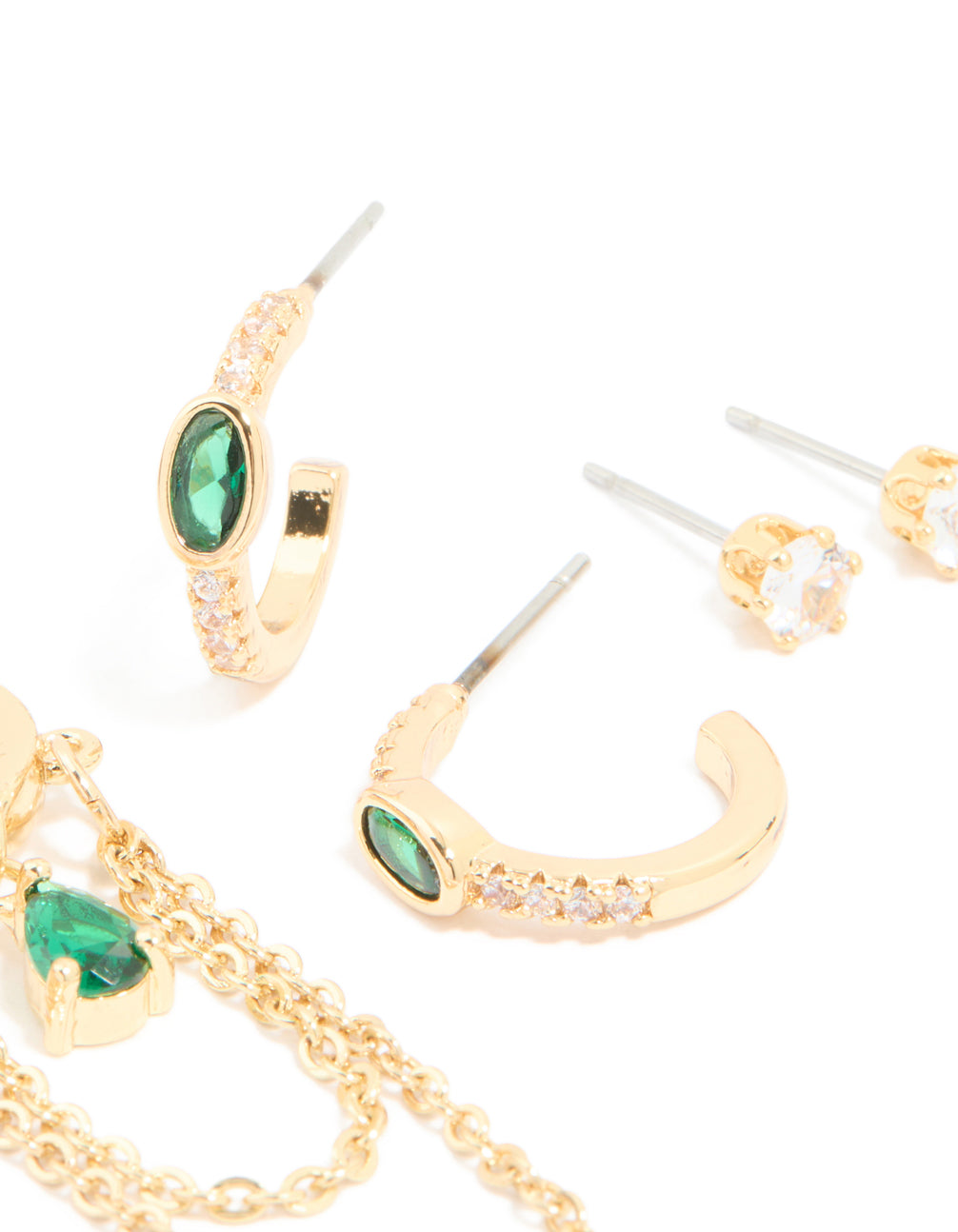 Gold Plated Emerald & Cubic Zirconia Cupchain Earrings 4-Pack
