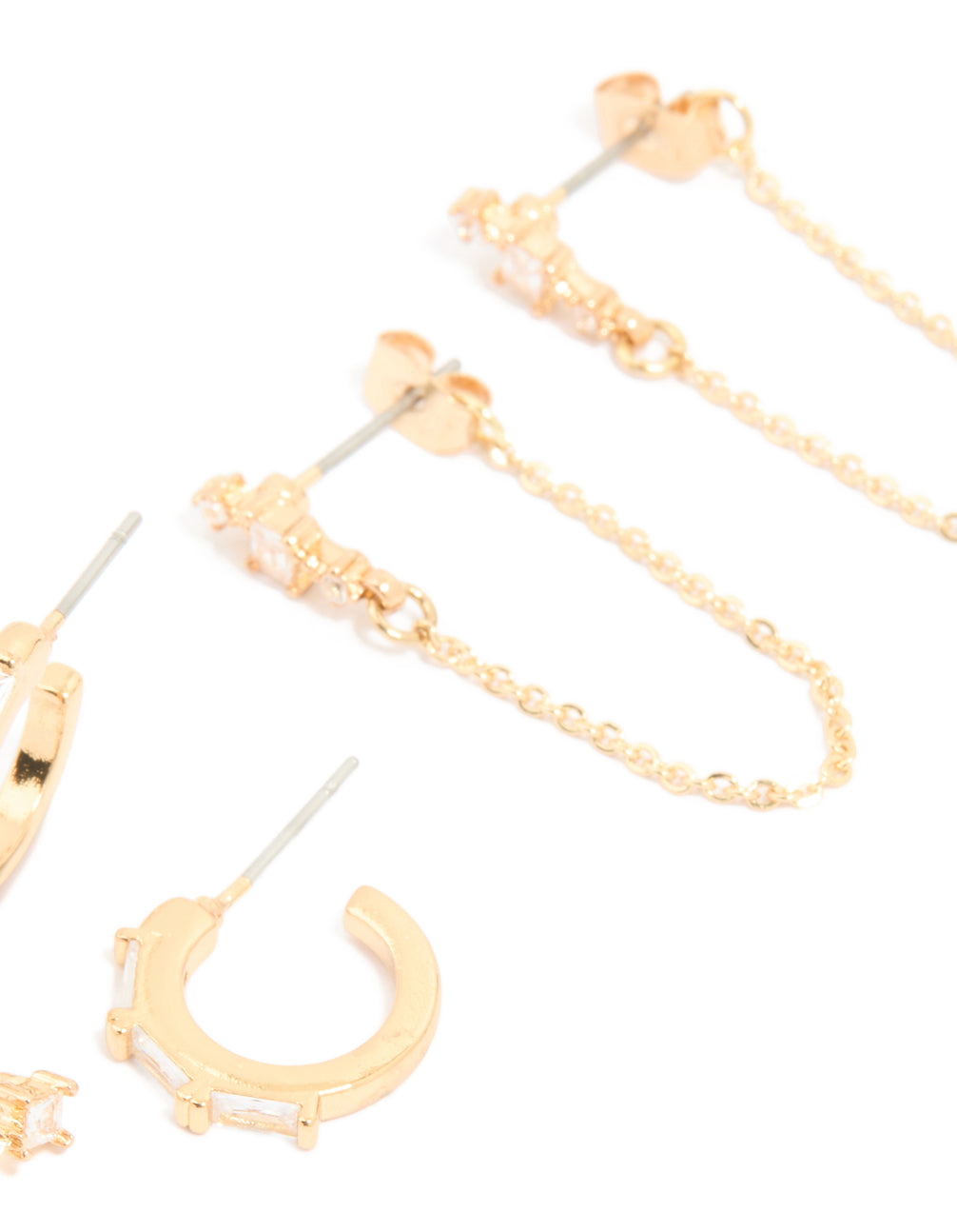 Gold Plated Cubic Zirconia Square Chain & Stud Earrings 4-Pack