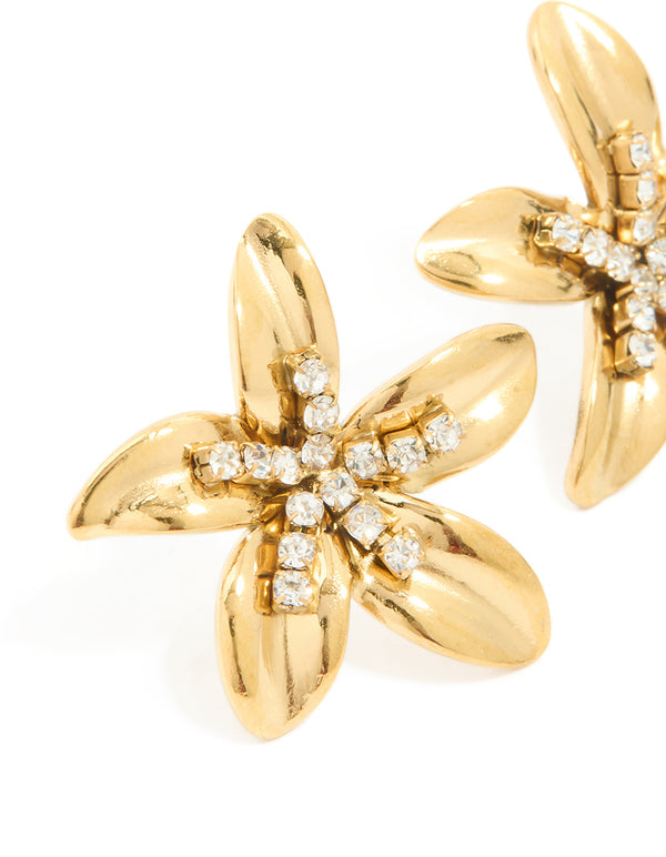 Waterproof Gold Plated Stainless Steel Cubic Zirconia Centre Flower Stud Earrings