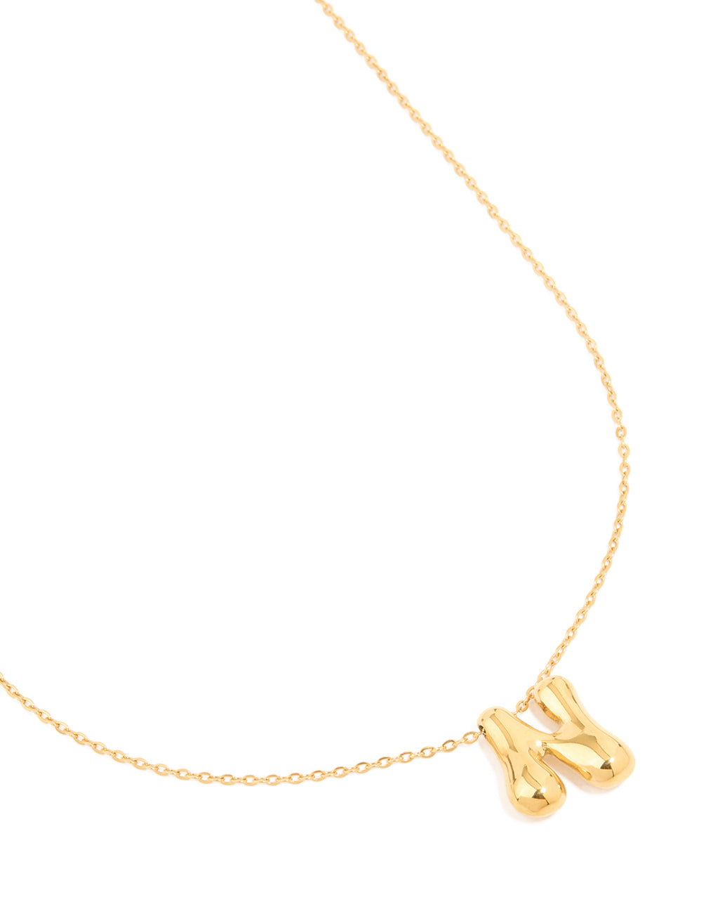 Showcasing a large bubble letter N initial pendant in waterproof gold plated stainless steel close up view